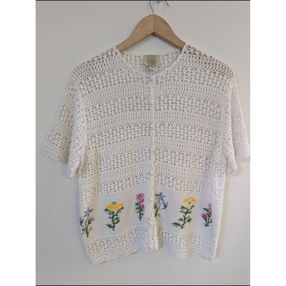 Vintage Teddi Crochet Embroidered Button Front Short Sleeve Granny Grandma Core